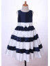 A-line Navy Blue Ivory Taffeta Stripe Flower Girl Dress